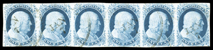 9, 1c Blue, Ty. IV, horizontal strip of six, positions 81-86L1, with position 81 being the triple transfer, one inverted variety, ample margins all around, sumptuously rich
color on bright white paper, light c.d.s. cancels, the left stamp with j