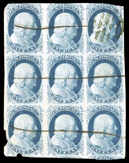 9, 1c Blue, Ty. IV, used block of nine, margins range from very large to into at top and bottom left stamp, rich fresh color, ms. and grid cancels, light pre-printing fold, some
faults but the bottom right block is largely sound, fine-very fine