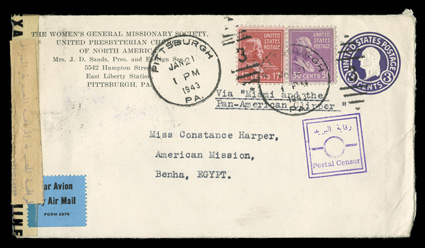 Interesting correspondence to Egypt during World War II, about 100 covers sent from New York to Benha, Egypt from 1941-1944, many are franked with the Presidential series
stamps, paying anywhere from the 5c letter rate to the 70c airmail rate vi