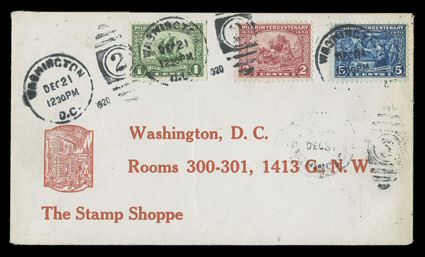 367550, Scarce early commemorative first day cover lot of sixteen covers, includes seven 367 (six different cities), five 527, three 549 and a rarely seen complete set of the
Pilgrim Tercentenary on one cover (548-550), a few minor imperfec