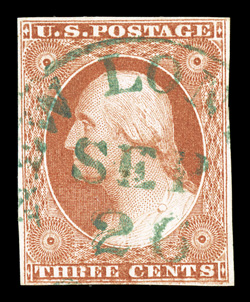 10A, 3c Orange brown, Ty. II, position 94L2E, a most attractive and desirable used single, with four full to large margins, lovely bright color, marvelously cancelled by a
scarce and crisp green c.d.s. of New London, Ct., extremely fine e