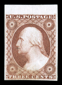 11, 3c Dull red, handsome top sheet-margin single, other three margins also being large, gorgeous color that is especially deep and intense, highly detailed impression, full
original gum, extremely fine 1982 PF certificate ex-Drucker.