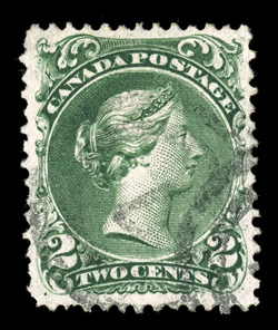 24a, 1868 2c Green on watermarked paper, extraordinarily well centered within very large margins, deeply rich color and a crisp detailed impression, light two-ring numeral 7
cancel of St. John, extremely fine the Large Queen watermarked varie