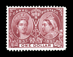 61, 1897 $1.00 Jubilee, a wonderfully fresh mint example, featuring deep rich color and a well incised impression, attractively centered, full clean o.g., n.h., very fine never
hinged copies of any of the dollar value Jubilees are terribly diff