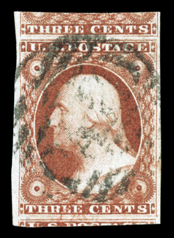 11, 3c Brownish carmine, striking used single, possessing large to enormous margins all around, including significant portions of the adjoining stamps at top and bottom,
gorgeous intense color in the brownish carmine shade, highly detailed impre