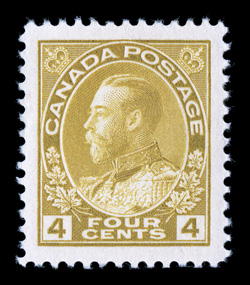 110d, 1925 4c Yellow ochre, dry printing, striking jumbo mint single, featuring enormous margins all around and being incredibly well centered within them, brilliant color on
fresh white paper, o.g., lightly hinged, extremely fine (Unitrade C$65