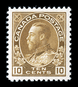 118, 1925 10c Bister brown, dry printing, exceedingly large and perfectly balanced margins all around, deep luxuriant color and a highly detailed impression, flawless o.g.,
n.h., extremely fine an exceptionally choice stamp (Unitrade C$180.00).