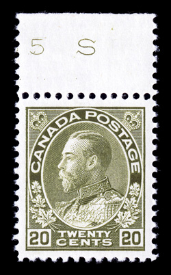119, 1925 20c Olive green, dry printing an incredibly handsome top sheet-margin single, precisely centered within uncommonly large balanced margins, beautiful rich color and a
sharp impression on especially bright paper, pristine o.g., n.h., ext