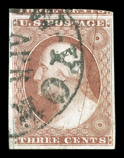 11A var, 3c Claret, Ty. II, major cracked plate variety, position 94L54, one of the most prominent positions showing the plate crack, large to huge margins all around including
a portion of the adjoining stamp at top, rich color in the claret sh