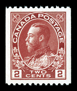 132, 1915 2c Carmine, perf. 12 horizontal coil, wet printing an eye-catching mint example of this elusive stamp, featuring mathematically precise centering within exceptionally
wide margins, gorgeous radiant color and a deep impression on bright