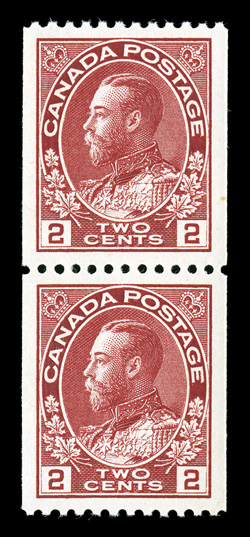 132, 1915 2c Carmine, perf. 12 horizontal coil, wet printing a remarkable mint pair, possessing the largest margins possible and being impeccably well centered within them,
intense vivid color and a prooflike impression, o.g., n.h., extremely fi
