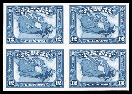 141a-45a, 1927 1c-12c Confederation, imperforate cplt. in blocks of four, all with large even margins around, brilliantly fresh, o.g., n.h., extremely fine (Unitrade
C$2,400.00+).