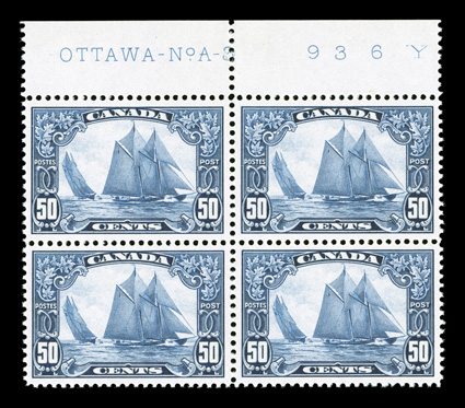 158, 1929 50c Dark blue Bluenose, top margin imprint and plate No. 3 block of four, exceedingly well centered and margined, strong rich color, o.g., n.h. (hinged in the selvage
only), top left stamp with small thin and tear at left, otherwis
