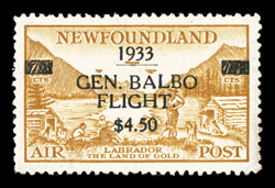 Unitrade C18iv, 1933 $4.50 on 75c Balbo flight surcharge, perf. 14 rather than the more common perf. 14½, perfectly centered, strong color, o.g., never hinged, extremely fine
an uncommonly choice example, being even more so in this perf. variet