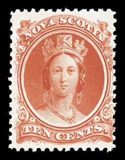 Unitrade 12i, 1860 10c Vermilion, stitch watermark, pristine mint example of this elusive variety, brilliant color on fresh white paper, o.g., never hinged, fine photocopy of a
2004 Greene Foundation certificate for the block of twelve from whi