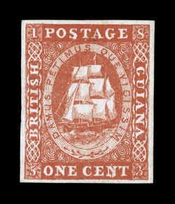 S.G. 11, 1853-59 1c Vermilion, imperforate, unused, deep vibrant color and a prooflike impression on fresh white paper, large margins all around, tiny trace of a thin speck in
the bottom left margin, otherwise very fine a beautiful appearing ex