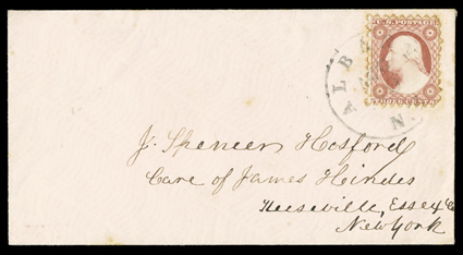 11 var., 3c Dull red, Bergen, N.Y. sawtooth perforations, with full sawtooth perforations on all four sides, tied to Albany, N.Y.Aug 9 c.d.s. on cover to Keeseville, N.Y., stamp
with bright color, some minor gum staining around tips of perfs.