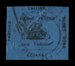 S.G. 26, 1856 4c Black on blue, used, mostly large margins around, a little closer at top but clears the design, strong paper color, some creasing, one of which causes light
surface cracking, central thin, very fine appearance despite the usual