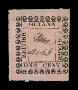 S.G. 117, 1862 1c Rose, rare unused example, roulettes on three sides, strong paper color, large adherence on the back, small thin spot, fine appearance 1997 Rendon certificate
ex-Sovereign (Scott 36 $5,000.00).