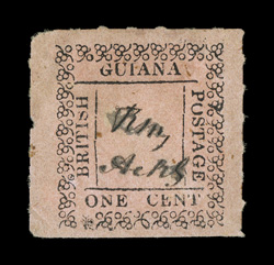 S.G. 118, 1862 1c Rose, unused, roulettes on three sides, strong detailed impression, large adherence on the back, a few tiny toned spots, corner crease at bottom left, fine
appearance an exceedingly rare unused stamp 1997 Rendon certificate