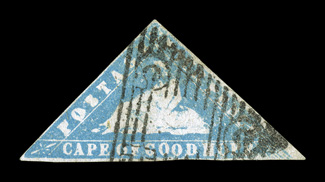S.G. 14aa, 1861 4p Pale milky blue Woodblock, retouch to right corner, ample to large margins all around, bright color, typical grid cancel, small minor repair at top, very
fine appearance a rare and seldom offered plate variety 2008 BPA cer