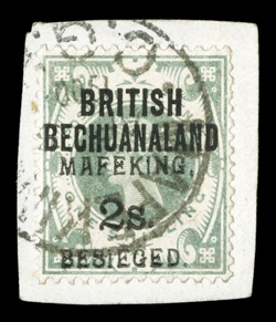 S.G. 16 var., 1900 2- on 1- Green stamp of British Bechuanaland, with serif surcharge (S.G. Type 1), tied to piece by Mafeking c.d.s., fresh and well centered, very fine.There
are only two recorded copies of this stamp, with this example bei
