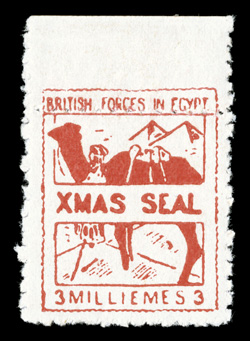 S.G. A6 var., 1935 3m Vermilion Xmas Seal, misplaced perforations, at the top, the perfs. coming below the top line of text, o.g., hinged in the margin only, very fine only
five such example can exist.