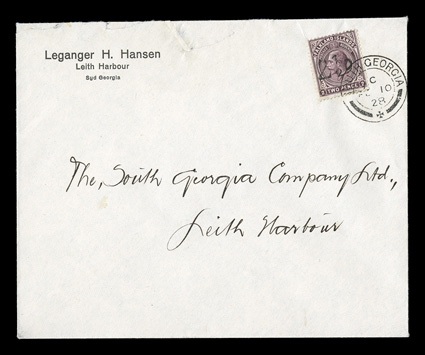 S.G. 115, 1928 2½D Provisional surcharge, tied by South GeorgiaFe 10 28 double ring cancel on local cover, Leganger Hansen corner card, stamp with pre-usage vertical crease,
cover with small repair at top not affecting stamp or markings, fi