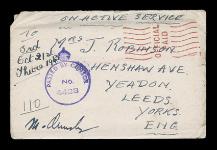 1942-43 Five cover correspondence from Private stationed at a military garrison in the Falkland Islands during WWII, all five covers, all with original contents, were sent
stampless On Active Service, four bear scarce violet crowned Passed by