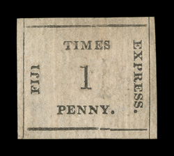 S.G. 5, 1871 1p Black on rose Fiji Times Express, position 15, unused, balance margins all around, regummed over a tiny repair, very fine appearance clear 1986 RPS certificate
and a 2008 BPA certificate ex-Sovereign (Scott 6 $1,000.0