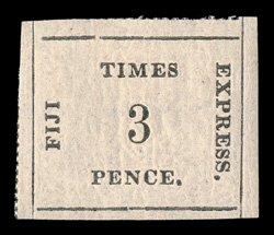 S.G. 6, 1871 3p Black on rose Fiji Times Express, position 21, an incredibly fresh and choice mint single, featuring strong bright paper color and a sharp impression, roulettes
on two sides, original gum, a couple minor h.r.s, very fine an e