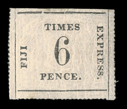 S.G. 7, 1871 6p Black on rose Fiji Times Express, position 3, attractive mint example, bright paper, full roulettes on three sides, original gum, minor h.r., faint toned spot
in bottom margin, otherwise exceptionally fresh and very fine in fa
