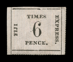 S.G. 7, 1871 6p Black on rose Fiji Times Express, position 4, unused, full roulettes at right and bottom, fresh, minor filled thin at top, very fine appearance 2008 BPA
certificate ex-Sovereign (Scott 8: $1,300.00).