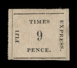 S.G. 8, 1871 9p Black on rose Fiji Times Express, position 24, unused, large margins, regummed, corner crease at top left, very fine appearance clear 1987 RPS certificate
ex-Sovereign (Scott 9 $2,200.00).