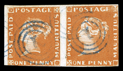 S.G. 3, 1848 1p Orange vermilion, Earliest Impression, used horizontal pair, being positions 2-3, margins ranging from very large to just touching the frame line in a couple
places, gorgeous intense color and a superbly detailed impression, cris
