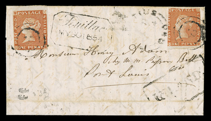 S.G. 6, 1848 1p Vermilion on greyish paper, early impression, two singles (positions 1 and 6), both with strong bright color and margins ranging from huge to just into the
design, tied by numeral 3 cancels of Souillac on 1854 folded letter add