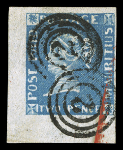 S.G. 8, 1848 2p Blue on yellowish white paper, early impression, a visually striking bottom left corner sheet-margin single, being position 10 on the sheet, with three huge
margins and a full margin at right, rich luxuriant color and a highly de