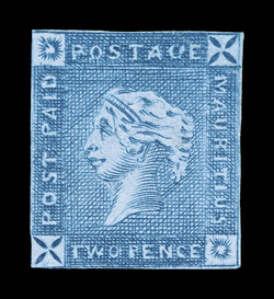 S.G. 37, 1859 2p Blue, early impression, strong rich color and a well defined early impression, margins range from ample to touching the frame line in places, neatly repaired,
fine appearance a presentable example of a stamp that is almost neve