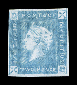 S.G. 38, 1859 2p Blue, intermediate printing, rare unused example, ample to mostly large margins all around, bright color on fresh paper, a few small thins, very fine
appearance 2008 BPA certificate ex-Sovereign (Scott 14Bc $5,500.00).