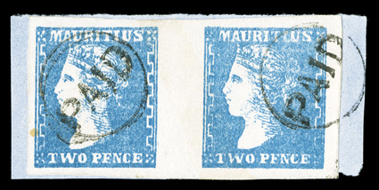 S.G. 44, 1859 2p Pale blue, a marvelous choice horizontal pair, with enormously large margins all around, brilliantly fresh color and paper, excellent clarity of impression,
neat Paid in circle cancels, trivial spot at left, extremely fine mu