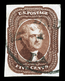 12, 5c Red brown, handsome used single, large even margins on all four sides, sumptuously rich color and a razor-sharp impression on especially fresh paper, light c.d.s. town
cancel, extremely fine 1988 PF certificate and a 2007 PSE certificate