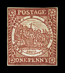 S.G. 11, 1850 1p Dull carmine on greyish paper, re-engraved Plate I, rare unused example, mostly full to close margins all around, rich color and an unusually strong
impression, light pressed out vertical crease that ends in a tiny repair at top