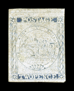 S.G. 29, 1850 2p Ultramarine, plate III, position 6, three large to huge margins including a top sheet margin, close to just touching the frame line at right, nearly full
original gum (rarely seen), some light cleaning, fine appearance 1950 RPS