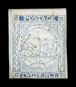 S.G. 36, 1851 2p Ultramarine, plate V, position 3, unused (no gum), four margins ranging from a huge top sheet margin to close at bottom, typical late color and impression, a
couple faint toned specks and a tiny trace of a corner crease at botto