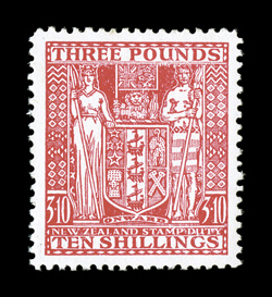 S.G. F209w, 1952 £3 10- Rose postal fiscal, watermark inverted, bright mint example of this rare value which also happens to display an inverted watermark, vibrant color, well
centered, o.g. with just a tiny bit of gum glaze from a mount, very