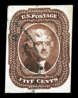 12, 5c Red brown, four large margins, strong rich color and a clean impression, unusually light c.d.s. cancel, small ms. ink mark on back does not show through, extremely fine
2005 PSE certificate (VF-XF 85 SMQ $900.00).