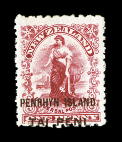 S.G. 6, 1902 1p Carmine overprinted PENRHYN ISLAND. in brown, perforated 11x14, quite fresh, large part o.g., minute pinhole at right, otherwise a fine example of this elusive
stamp 2008 BPA certificate ex-Sovereign (Scott 2b $1,100.