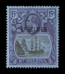 S.G. 97s-113s, 1922 ½p to 15- Badge of Colony, watermark Script CA, with Specimen overprints, cplt., strong colors, o.g. except 1p and 1- no gum, 2p, 6p, 8p and 2- with small
faults, fine-very fine appearance a scarce specimen set (Scott 79