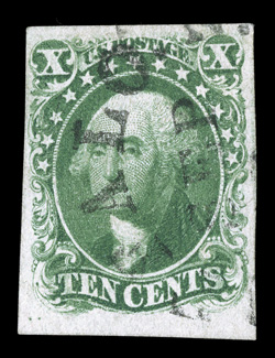 13, 10c Green, Ty. I, used, light town c.d.s., four ample to mostly very large margins all around, including a partial sheet margin at bottom, warm rich color, choice very
fine.
