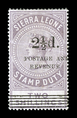 S.G. 69, 1897 2½d. surcharge Ty. 10 on 2- Dull lilac, well centered, rich color, o.g., horizontal crease, very fine appearance an incredibly rare stamp, with only 16 copies
known to exist 1997 Brandon and 2008 BPA certificates (Scott 6